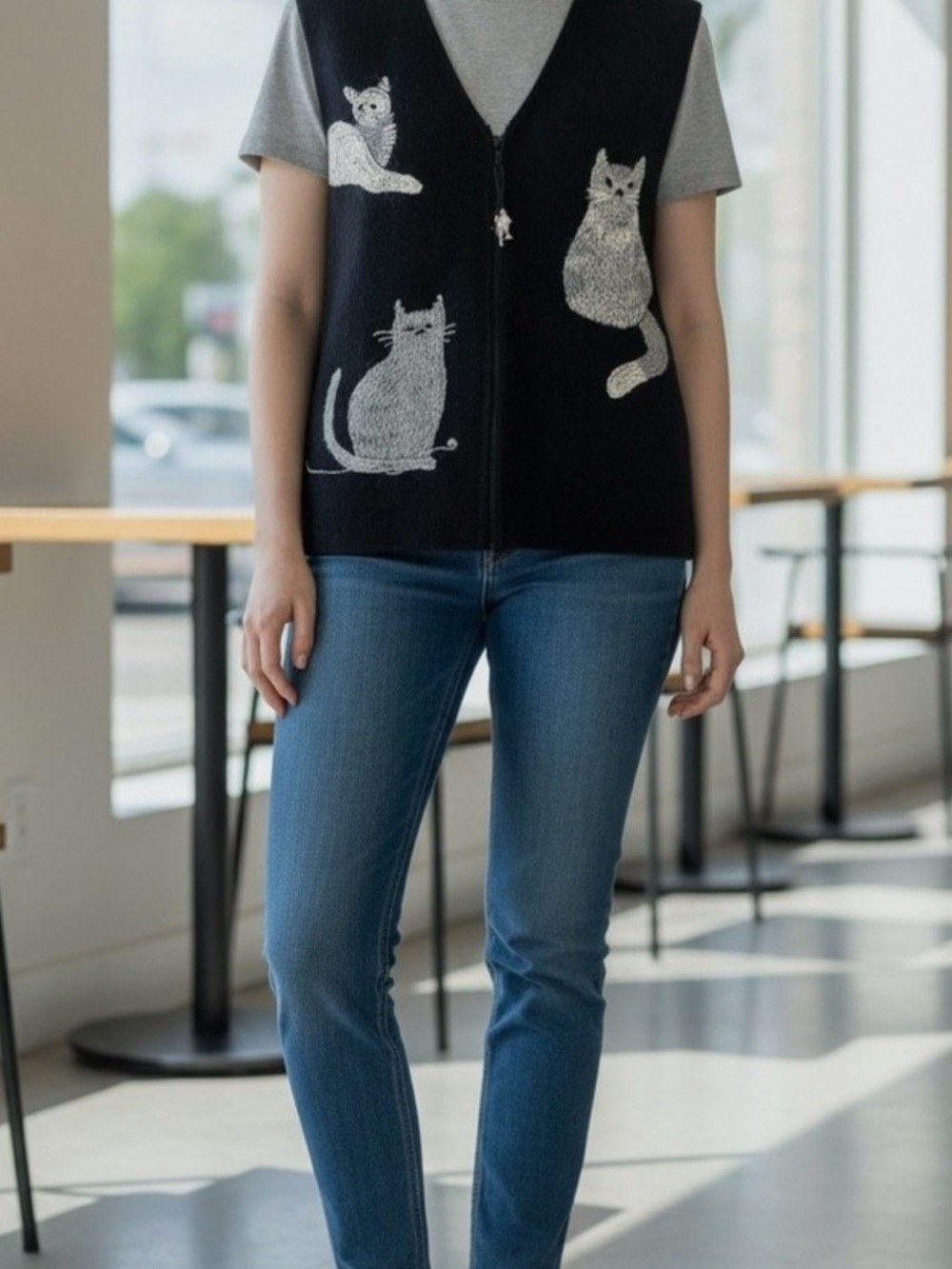 Vintage Coldwater Creek  wool Black Vest with White Cat Motifs